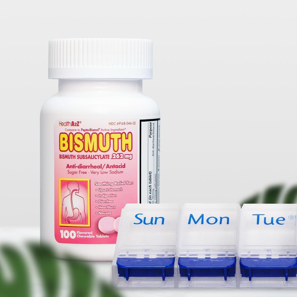 HealthA2Z® Mega Savings 번들 : Bismuth Subsalicylate 262mg, 100 Chewable Tablets & 7 일 XL 알약 주최자