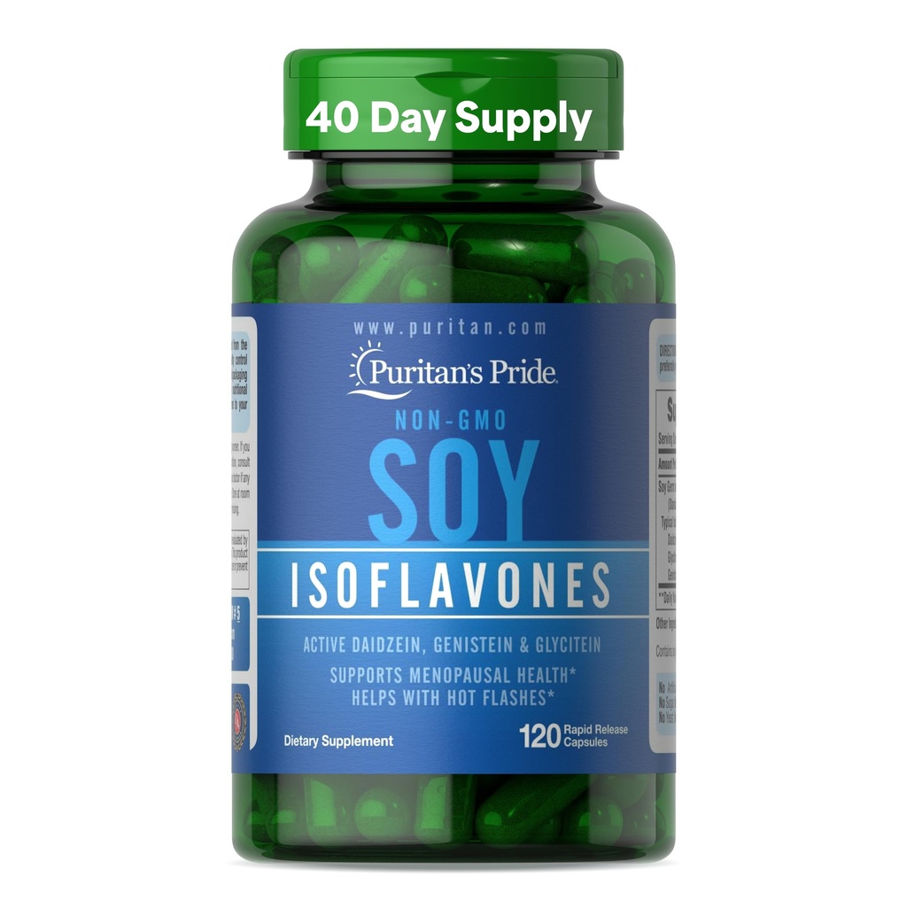 Puritan의 Pride Non-GMO Soy Isoflavones 750mg, Active Daidzein, Genistein 및 Glycitein 지원 Menopause 및 핫 플래시, 120 Rapid Release 캡슐을 가진 규정식 보충교재