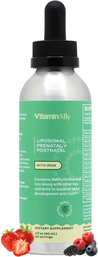 Liposomal Liquid Prenatal + Postnatal Multivitamin Drops with Iron | Non-GMO| 슈가프리| 글루텐 무료| 삼키기| 아기 개발과 엄마 모두 지원| 30 일 공급| 3 Fl OZ