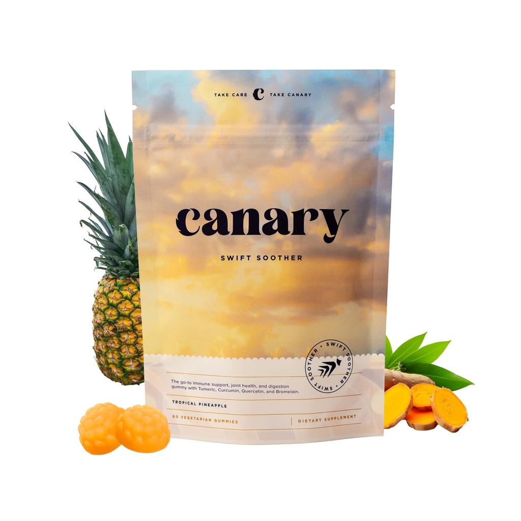 Canary Swift Soother Gummies | Bromelain, Curcumin, Quercetin 및 관절 건강 및 소화를위한 심황 보충 - Vegan Tropical Pineapple 풍미, 60 Gummies