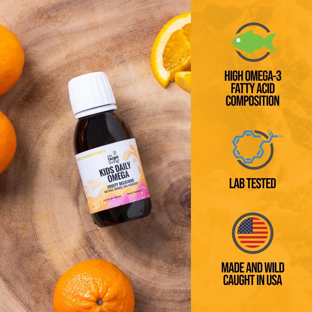 대상 생활 키즈 매일 오메가 - 과일 맛 3.33 온스. | Naturally Occurring Vitamin A & D | Monk Fruit & Orange flavor | 프리미엄 라인 잡힌 유아 오일