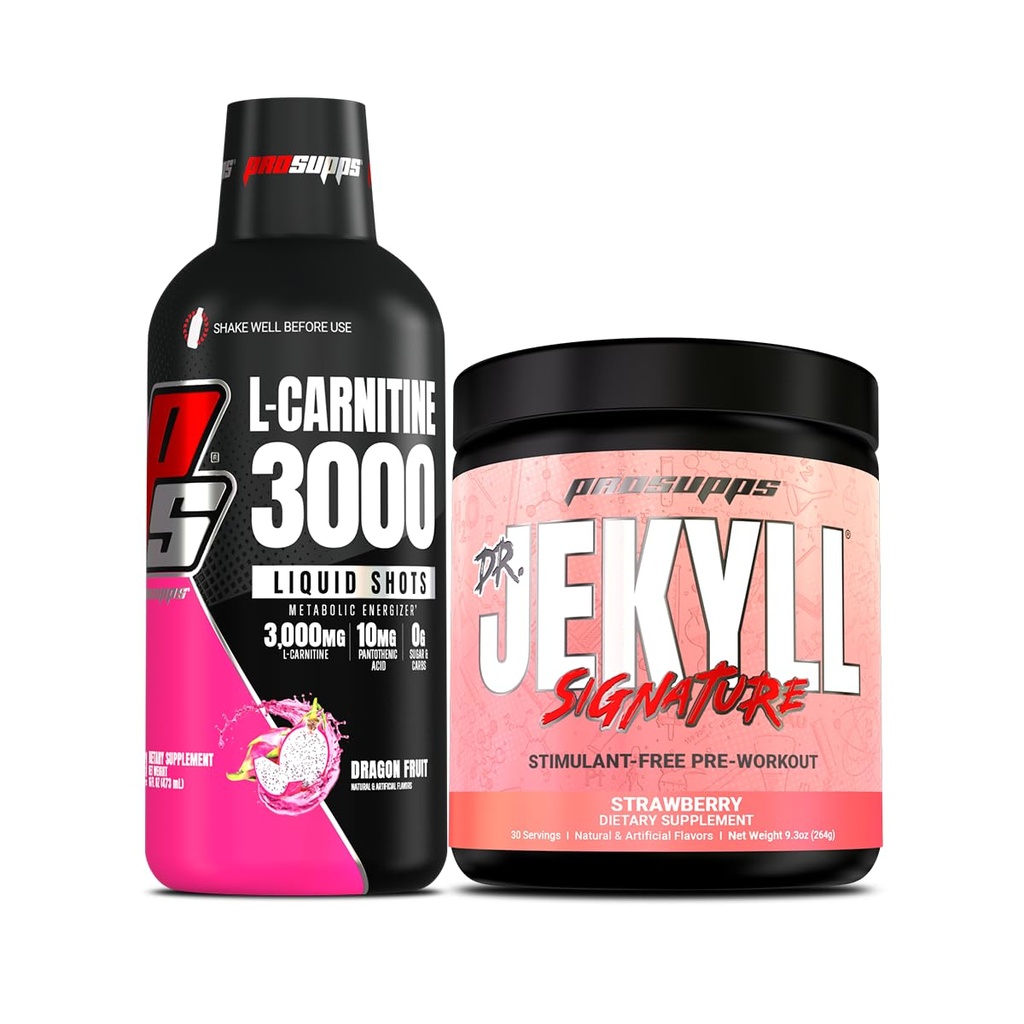 PROSUPPS L-Carnitine 3000 자극제 무료 액체 탄 (31 서빙, 드래곤 과일) 및 미스터 Hyde 서명 시리즈 사전 운동 에너지 분말 음료 (30 서빙, 딸기) 번들