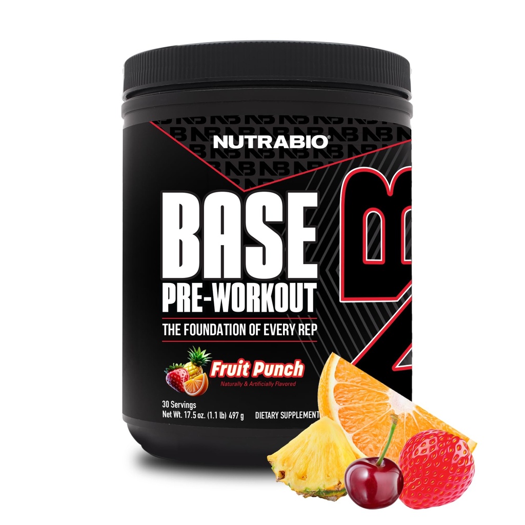 NutraBio Base Pre-Workout Powder 200mg Caffiene, 지속 에너지, 초점, 내구시간, 펌프, 설탕 무료, 남성과 여성을위한 깨끗한 운동 - Beta Alanine, L-Tyrosine, 30 서빙 - 과일 펀치