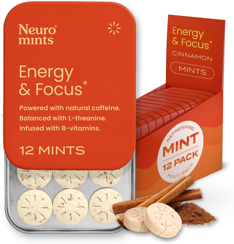 NeuroGum Energy Caffeine Mints (144 조각) - L-theanine + Natural Caffeine + Vitamin B12 & B6 - Nootropic Energy & Focus Supplement for Women & Men - Keto & Vegan, Cinnamon 풍미