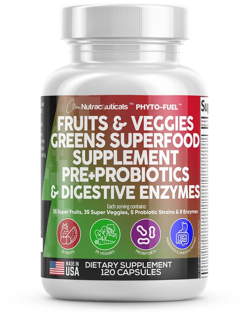 Clean Nutraceuticals Fruits and Veggies Supplement Reds & Green Superfood - Probiotics Prebiotics Digestive Enzymes와 함께 70 개 이상의 과일 및 야채 보충제 캡슐의 균형 - 120 Ct USA