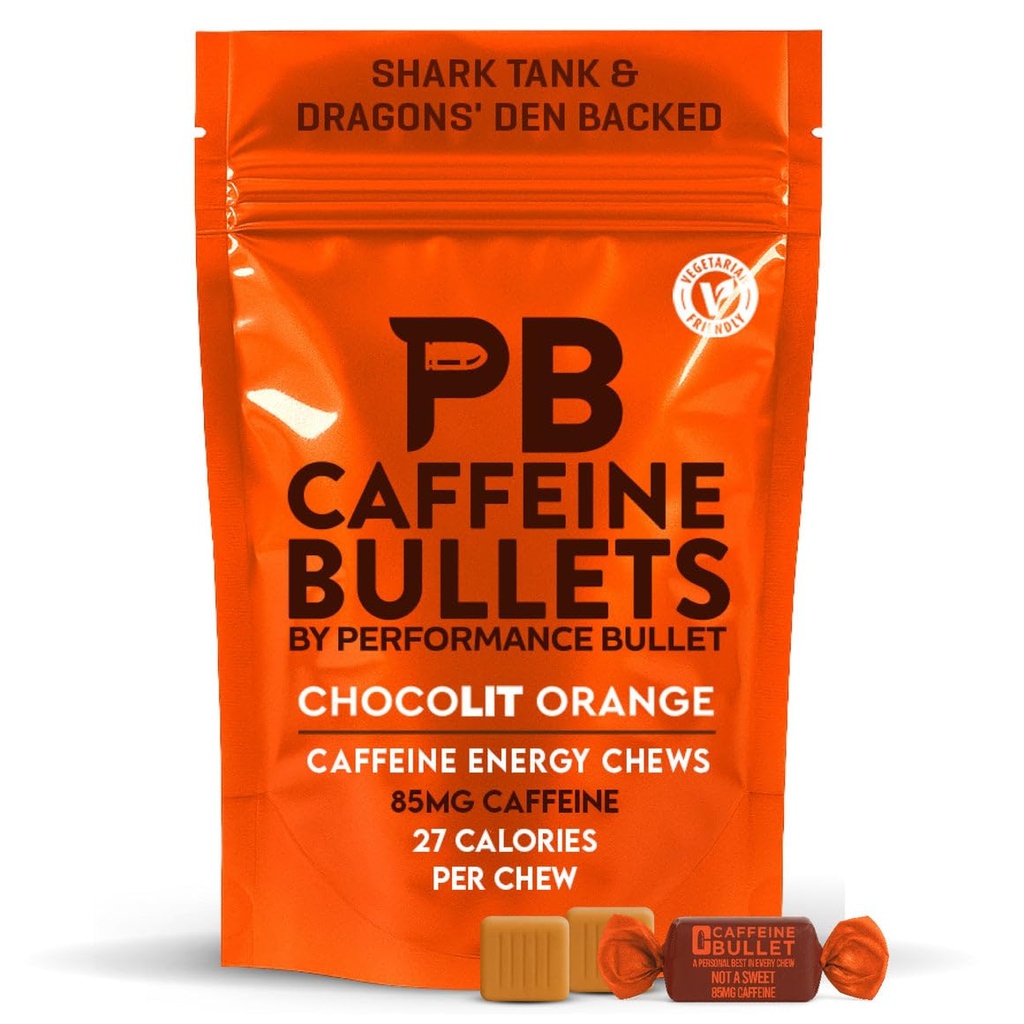 Caffeine Bullet Energy Chews - 초콜릿 오렌지. 40 * 85mg - 알약보다 빠른 Kick, 젤 및 Gum. 실행을위한 스포츠 과학, 사이클링, 게임 및 사전 운동 지구력 부스트.