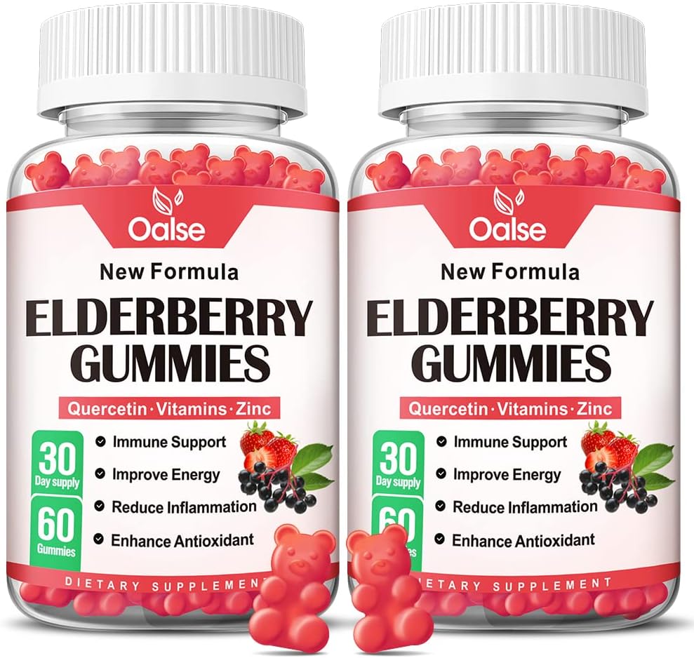 어린이와 성인을위한 유기 Elderberry Gummies - Sambucus 검정 Elderberry Gummies + 아연 및 비타민 C & D3 지원 면역 방어 근육 강도 치과 건강 [60 개 (패치 2)]