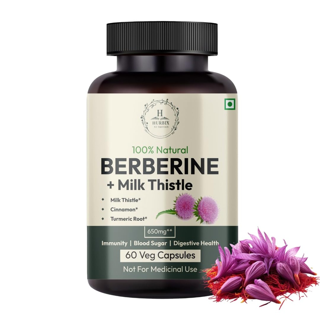 Hurbix Berberine - 1300 mg | 우유 이틀, 심황 및 계피가있는 1 강화 된 공식 | 프리미엄 고순도 포뮬러 | 60 캡슐