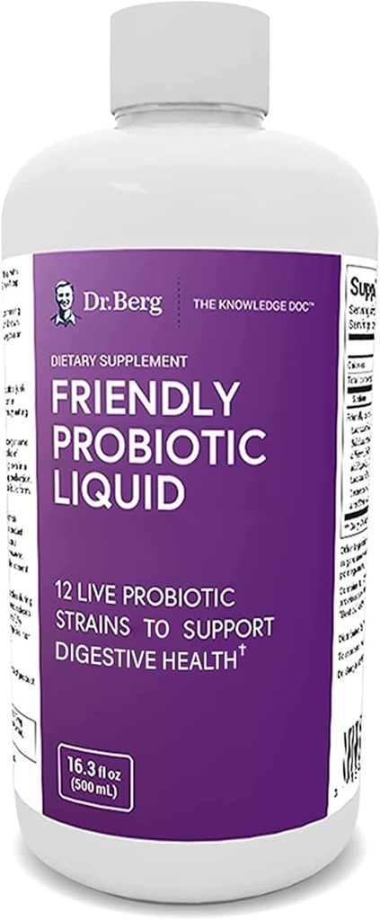 Dr. Berg's Friendly Probiotic Liquid Supplement Drink Mix w / 12 Live Probiotics Strains & Lactobacillus Acidophilus - 소화 건강, 면역 체계 및 남성 여성 및 아이 -1 개월 공급