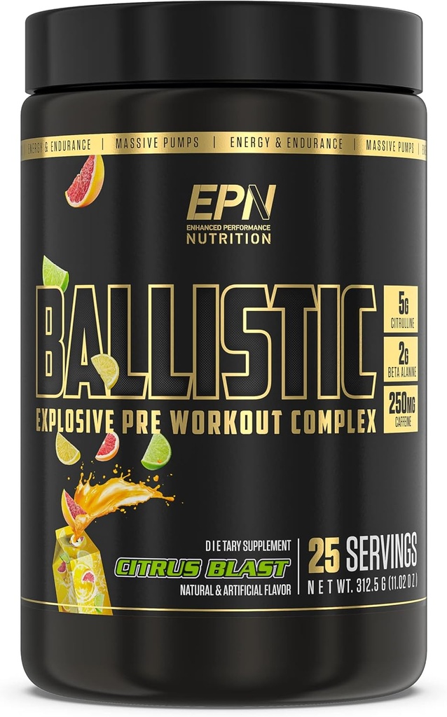 BALLISTIC 사전 운동 | #1 새로운 사전 운동 분말 w/ Nitric 산화물 승압기, Electrolytes, Caffeine & Nootropics | Insane 펌프, 초점, 체력, 에너지, 남성 & 여성을위한 하이드로 션 - Citrus Blast