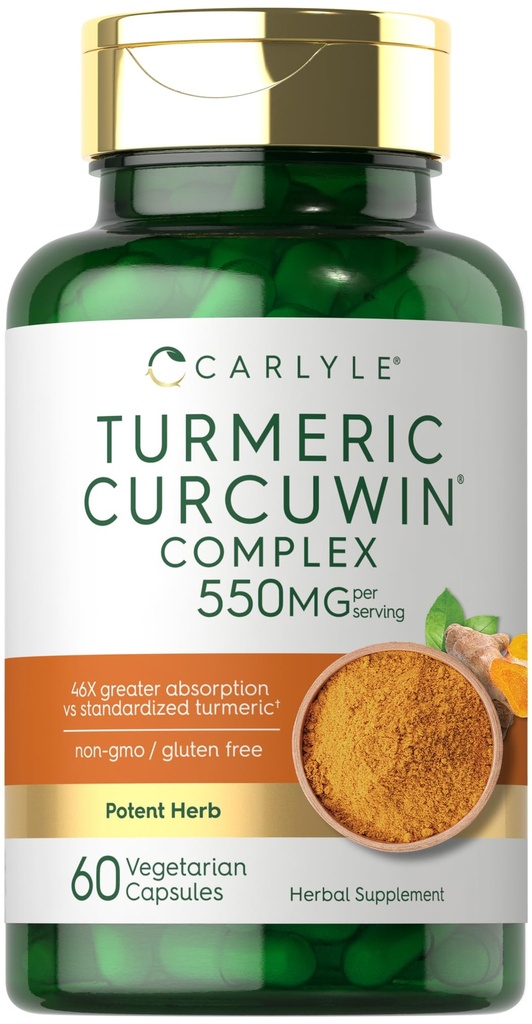 Carlyle Turmeric 보충 550mg | 60 캡슐 | CurcuWin Extract Complex | 채식주의, 비 GMO, 글루텐 무료