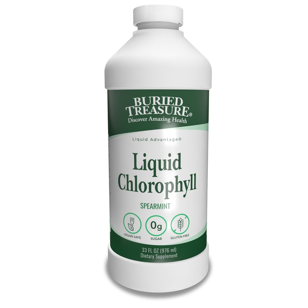 Buried 보물 액체 Chlorophyll 100 mg의 규정식 보충교재, Intestinal 소화 지원 자연적인 몸 Deodorant Vegan 비 GMO 알콜 자유로운, spearmint 풍미 32oz