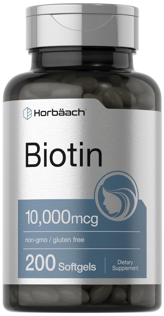Horbaach Biotin 10000 mcg | 비타민 B7가있는 200 Softgel | 미용 공식 보충 | 비 GMO 및 글루텐 무료