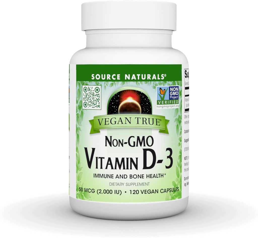 Source Naturals Vegan True, Non-GMO 비타민 D-3, 면역 및 뼈 건강을위한 다이어트 보충 *, 2,000 IU - 90 캡슐