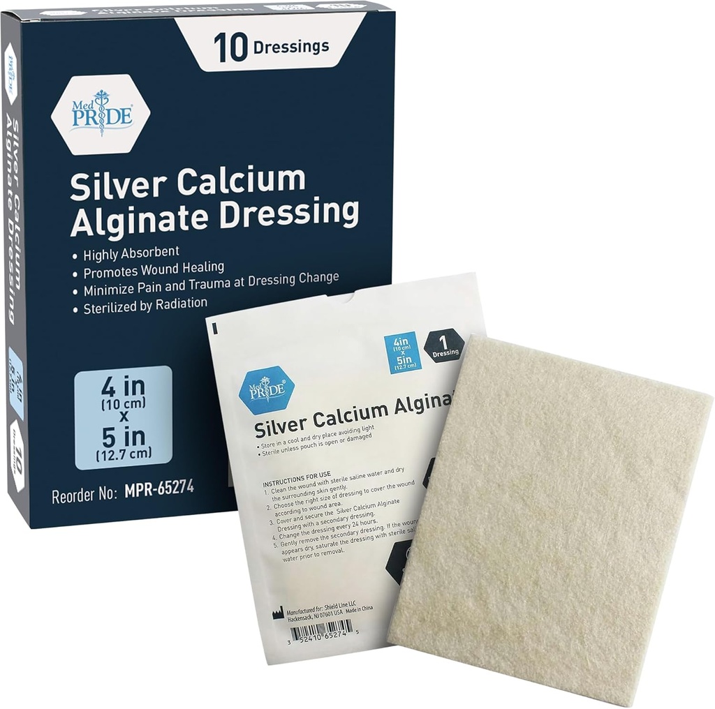 MED PRIDE 실버 칼슘 Alginate Wound Dressing, 10-Pack | 높게 흡수성, Nonstick, Seaweed, 쉬운 제거 (4" x 5" 은)