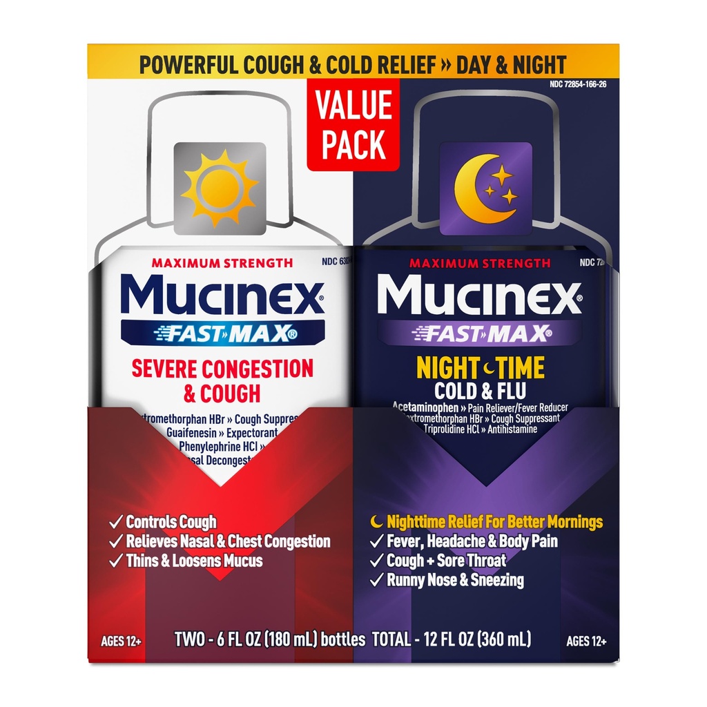 Mucinex Fast-Max & NightShift Combo Pack - Mucus Relief, Chest Congestion, Nasal Congestion, Sinus Congestion, Sinus Pressure, Cough Symptom (2x 6 FL OZ)를 위한 최대 강도 기침 & 찬 약
