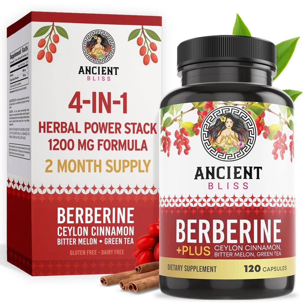 고대 블리스 Berberine HCL 1200mg Ceylon Cinnamon, Bitter Melon 및 녹차 추출물 - 120 캡슐