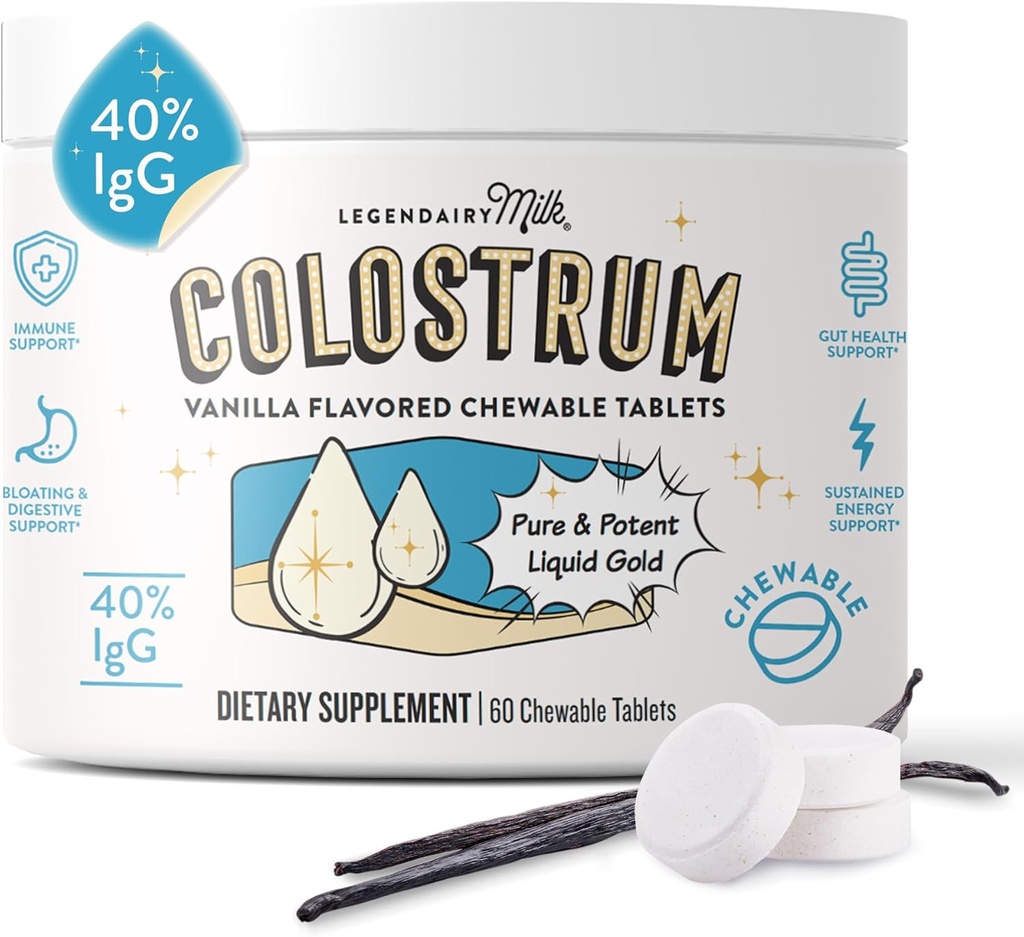 전설적인 우유 Colostrum 보충교재 - 인간을 위한 우수한 Bovine Colostrum - Immune 지원 & Gut 건강을 위한 40% IgG Immunoglobulin - 에너지 & 근육 회복 - Vanilla Chewable 정제, 30의 서빙