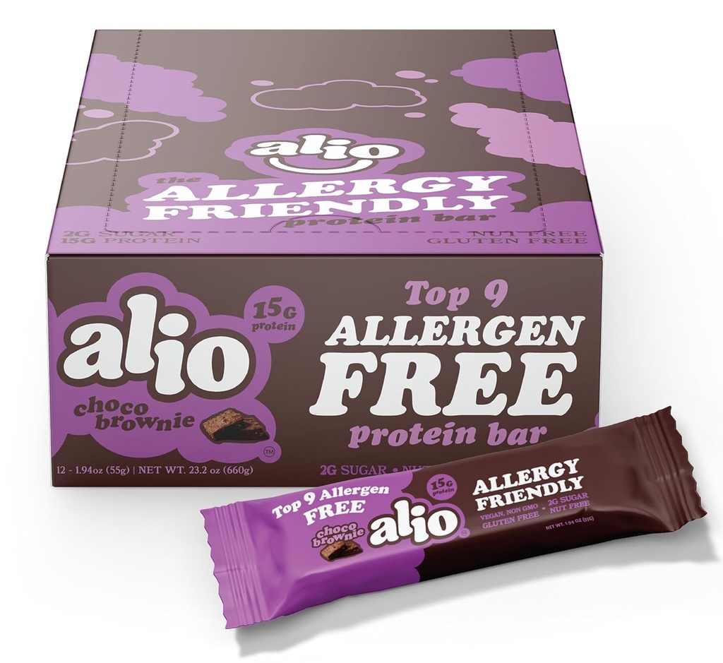 Alio Protein Bar - Choco Brownie (12 Bar) - 최고 9 Food Allergens, 고단백, 저칼리, Vegan, 글루텐 프리, Nut-Free, Non-GMO, Plant-Based, Seed Oil Free, Delicious & Healthy Snack