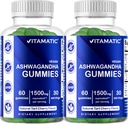 Vitamatic 2 팩 Ashwagandha Gummies 1500 mg는 서빙 당 동등합니다 (30:1 추출물 50 mg에서) - 60 Vegan Gummies - 3% withanolides
