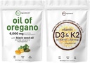 Oregano Softgels의 마이크로 성분 기름 6,000mg 서빙 & 비타민 D3 10,000iu + K2 200mcg 코코넛 오일 Softgels 번들 2 팩 | 4X 힘 Carvacrol & Thymoquinon | 필수 선샤인 비타민