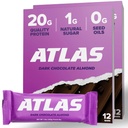 Atlas Protein Bar, 20g Protein, 1g Sugar, Clean Ingredients, 글루텐 프리, 다크 초콜릿 알몬드 (12 개, 팩 2)