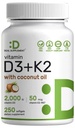 DEAL SUPPLEMENT 비타민 D3 2,000 IU + K2 MK7 50mcg Softgels | 2in-1 Complex with Virgin Coconut Oil | 서포트 하트, 뼈, 치아 및 면역 건강 | 삼겹게