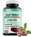 100% 자연적인 빨간 효모 밥 CoQ10 100 mg를 가진 1200 mg, 1에서 2개는, 건강한 콜레스테롤 수준을 유지합니다 - 120 Veggie 캡슐
