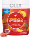 OLLY Probiotic + Prebiotic Gummy, 소화 지원 및 Gut 건강, 500 백만 CFUs, 섬유, 성인 Chewable 보충교재, 복숭아, 케이스 팩