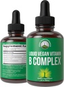 B Complex 액체 하락 채식 보충교재. B3 Niacin, B6, B7 Biotin, B9 Folate, Methylcobalamin B12를 가진 제일 5 B 비타민. 머리, 피부 못, 에너지를 위한 B 복합체. 성인을 위해, 남자, 여자