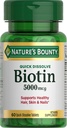 Nature 's Bounty Biotin, 셀룰러 에너지 및 건강한 모발, 피부 및 손톱, 5000 mcg, 60 빠른 용해 정제를위한 Metabolism 지원