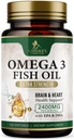 오메가 3 물고기 기름은 2400 mg를 보충합니다 - 3배 힘 Omega3 - 정유 지방산을 가진 EPA & DHA - 자연적인 면역성, 뇌 & 심장 건강 지원 - Burpless, 레몬 풍미, 야생 잡초 - 120 Softgels