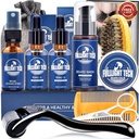 Men-Nourish Soften Grooming Patchy Beard W/Vitamin Spray,Mustache Oil,Balm, Wash,Boar Bristle Brush,Wooden Comb,Scissors,Valentines Fathers Gifts for Men 아빠 남편 Boyfriend