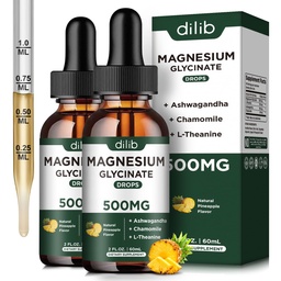 (2 팩) 마그네슘 글리세린 보충교재, 마그네슘 글리세린 500mg Ashwagandha, L - Theanine, Chamomile를 가진 마그네슘 액체 하락 - 최선 Calm Sleep Vegan 지원