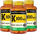 MASON NATURAL 비타민 K 100 mcg, 지원 뼈 & 합동 건강, 도움 칼슘 흡수, 100개의 정제, 3의 팩