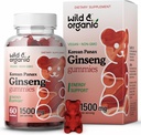 야생 & 유기 Panax 인삼 구미 1500 mg - 한국 빨간 인삼 보충 - Vegan, Non-GMO 뿌리 분말 기반 Chews - 60 개