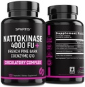 Nattokinase 보충교재 4000 FU CoQ10 100mg 프랑스 해상 소나무 껍질 추출 200mg Circulatory & 심장 혈관 지원 (120 모자에 1 팩)