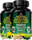 유기 호손 베리 캡슐 - St Johns Wort Rhodiola Rosea Olive Leaf Shiitake Reishi Mushroom Quercetin & Vitamin C, D3, K2, B6 및 마그네슘 (240 카운트)