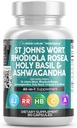 Clean Nutraceuticals St Johns Wort Rhodiola Rosea Holy Basil Ashwagandha - 비타민 C 및 검은 후추 추출물이있는 여성 및 남성을위한 무드 지원 - 90 모자