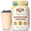 KOS Vegan Protein Powder Erythritol Free, Vanilla USDA Organic - 완두 단백질 혼합, 식물 비타민 및 미네랄에 기반한 Superfood Rich - Keto, Dairy Free - Women & Men, 28 서빙을위한 식사 교체