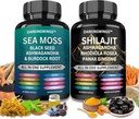Shilajit와 바다 moss combo -Sea Moss 3000mg의 까만씨 기름 2000mg의 Ashwagandha 2000mg의 Shilajit 9000mg의 Rhodiola Rosea1000mg의 Panax Ginseng1500mg | 바다 mos와 shilajit 뭉치, 1개의 보충교재에서 모두