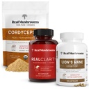 Real Mushrooms RealClarity (60ct) & Lions Mane (120ct) 캡슐 w/Cordyceps 분말 뭉치 - Mental Clarity, Focus, Cognition, Energy & Vitality - Vegan, Non-GMO를 위한 버섯 보충교재
