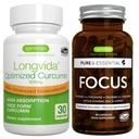 Longvida Lipidated Curcumin 500mg + Focus Brain Booster Vegan 번들, Ultra Bioavailable Curcumin + Caffeine, L-Theanine, Taurine & L-Tyrosine, B-Vitamins, 아연 및 구리, Igennus