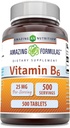 놀라운 수식 비타민 B6 (Pyridoxine) 25 Mg 보충 | 정제 | 비 GMO | 글루텐 프리 | 미국제 (1 팩 | 500 개)