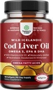 아이슬란드어 Cod Liver Oil Softgels - Wild Caught EPA DHA Omega 3 Fish Oil 1000mg / 서빙 - 비타민 D3 및 심장 관절 뇌 및 면역 지원과 지속 가능한 Sourced Burpless Fish Oil 보충