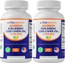 Vitamatic 2 팩 아이슬란드어 Cod Liver 기름 캡슐 1250mg 120 Softgels (레몬 풍미) - 심장 혈관 건강을 승진시킵니다