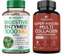 Wholesome Wellness 소화 효소 1000MG Plus Prebiotics & Probiotics 보충 + Super-Absorb 멀티 콜라겐 알약 (Type I II III V X) 유기 허브 및 Bioperine 번들