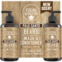 Viking Revolution Palo Santo Beard Wash 및 Beard 컨디셔너 세트 Argan 및 Jojoba Oils - Softens 및 Strengthens - Natural Palo Santo Scent - Ginseng Root Extract가있는 Beard 샴푸 (17 oz)