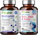 B-3 Nicotinamide 500 mg 180 Vcaps - 머리 피부와 손톱 180 모자 10000 mcg Biotin - Nicotinic Amide Niacin 자연적인 홍조 자유로운 비타민 공식 - 지원 피부 세포 건강