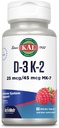 KAL 비타민 D3 K2 ActivMelt, 뼈 건강, 심장 및 면역 지원 보충교재 w/D3 1000 IU 및 MK7 비타민 K2의 즉시 녹이는 탭, 자연적인 라즈베리 풍미, 60의 서빙, 60의 마이크로 정제